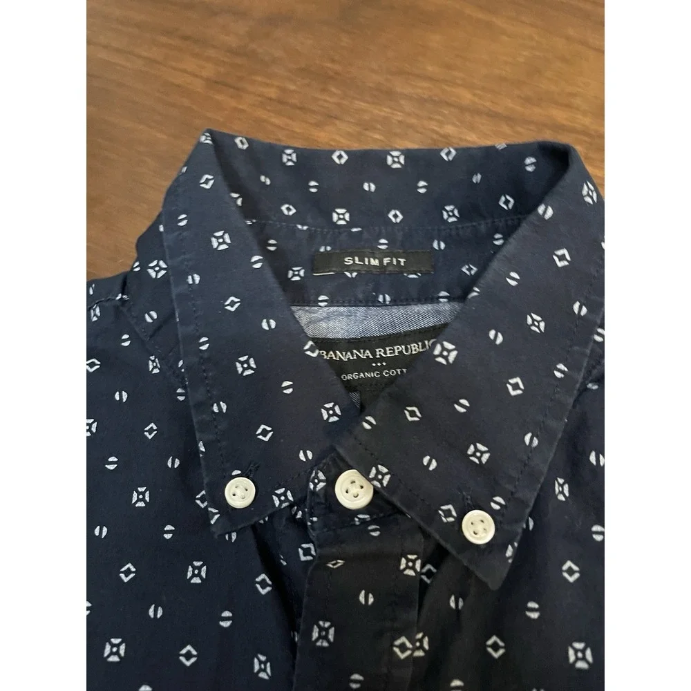 Banana Republic Shirt Mens sz M Navy Blue Slim Fit Short Sleeve Organic Cotton